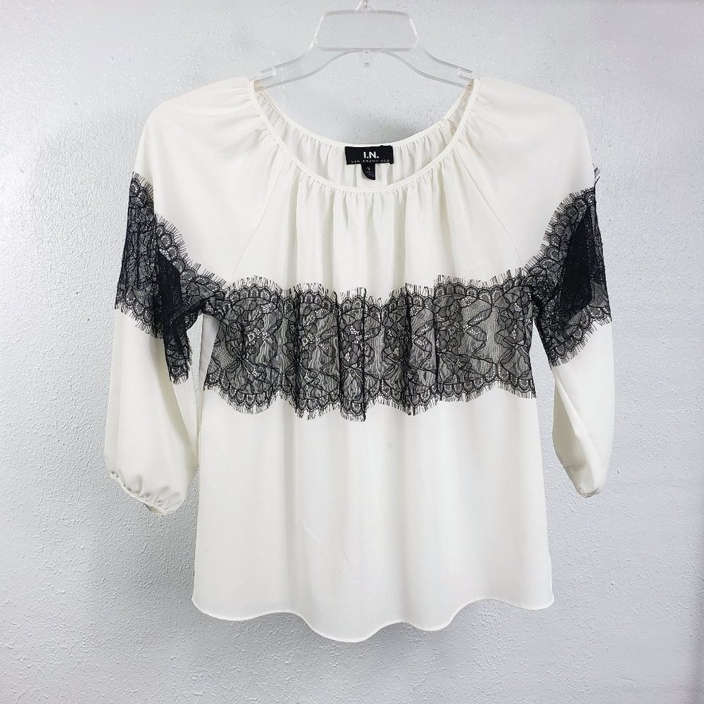 I.N. Women's White Pleated Black Lace Size M Medium Shirt Top Blouse